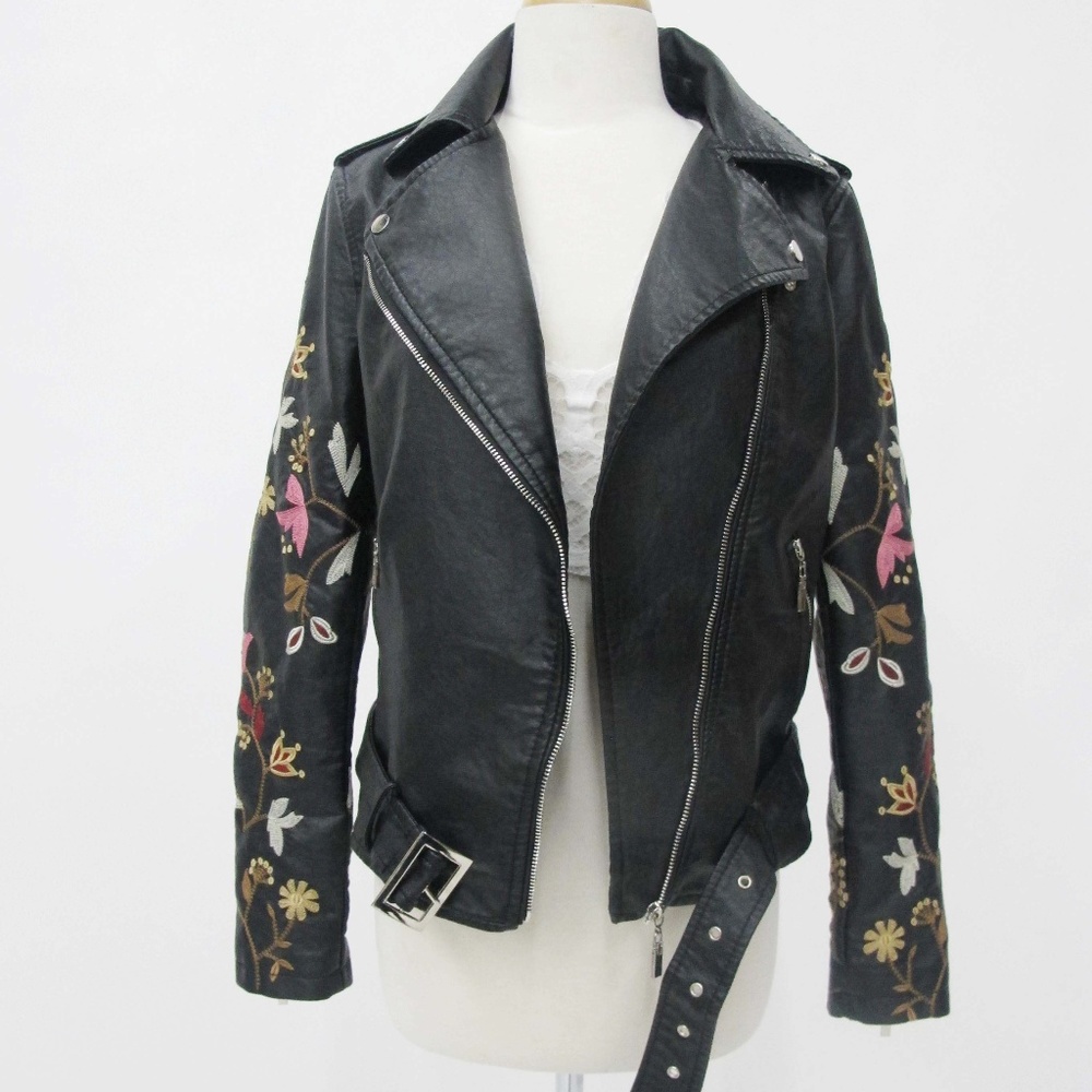 [KATEC.] Embroidered Faux Leather Moto Jacket